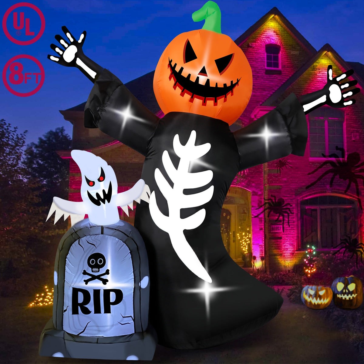 Inflatable Pumpkin Skeleton w/tombstone ghost